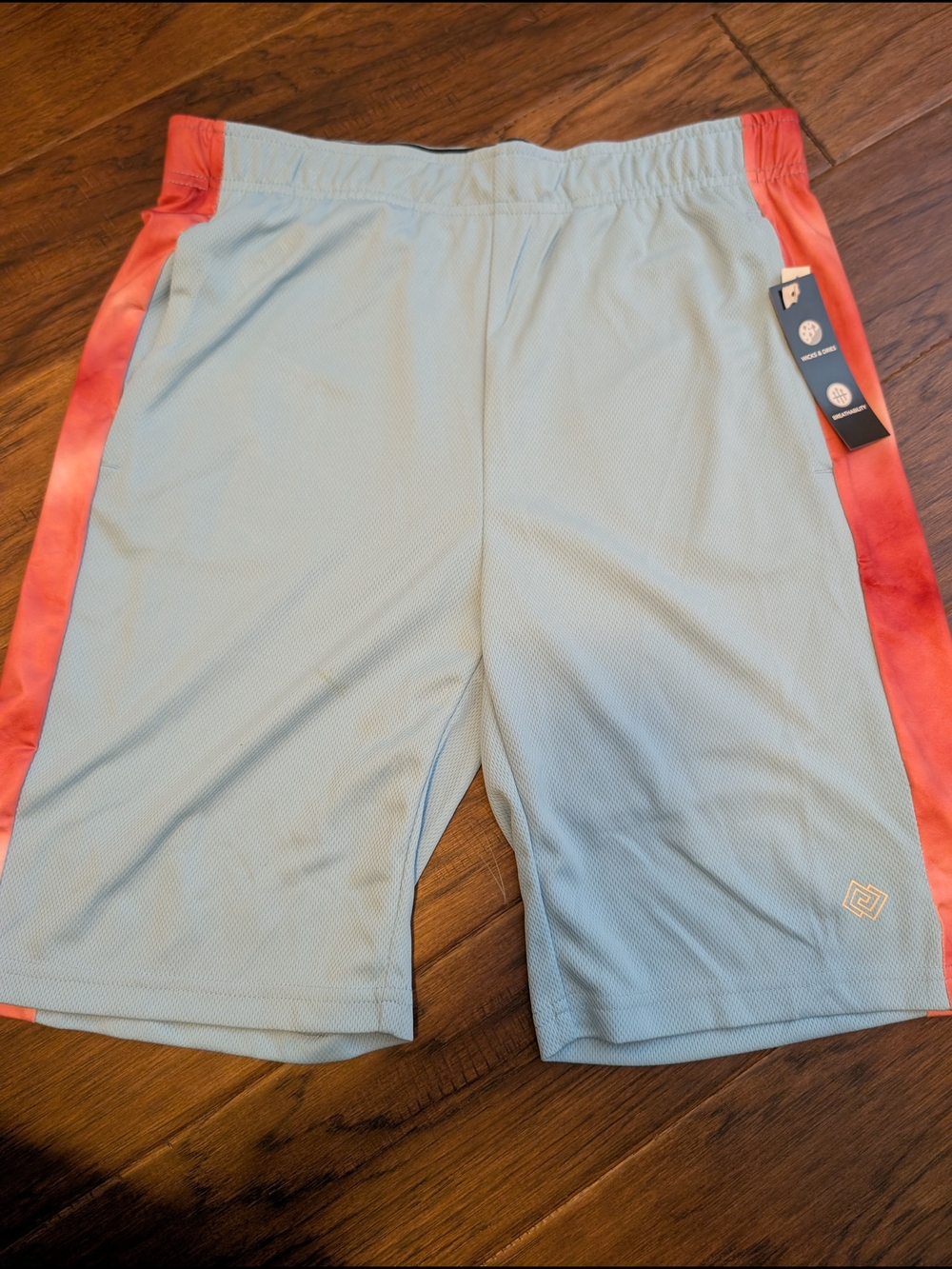ZELOS Light Blue Athletic Shorts with Coral Side Panels